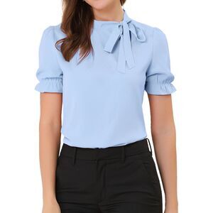 Bow Tie Neck Tops Short Sleeve Blouse Light Blue
